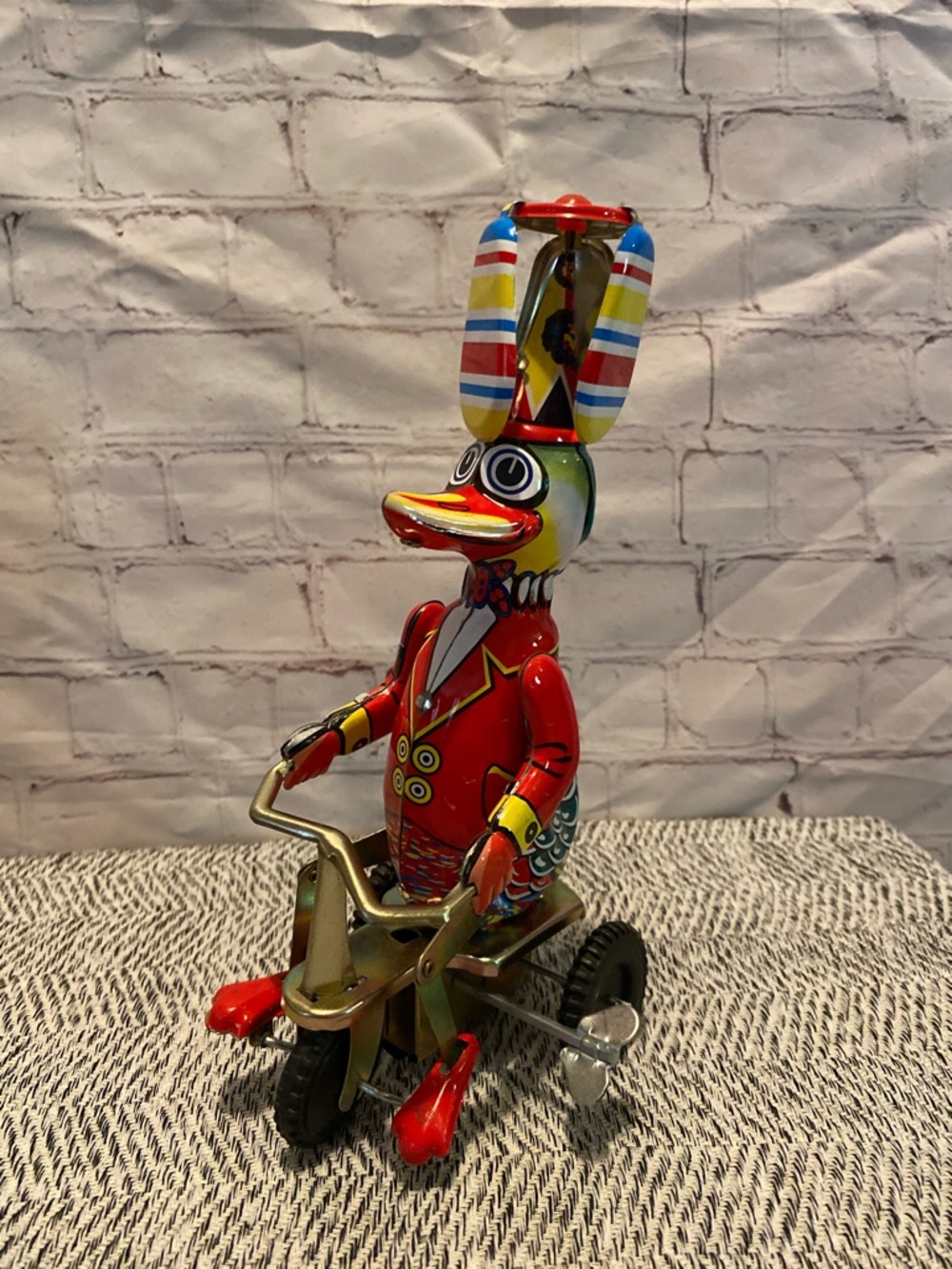 Vintage Tin Wind-Up Duck on Tricycle - Colorful Red Multicolor Toy